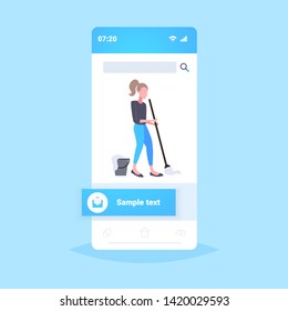housewife mopping floor woman cleaner using mop cleaning service housework concept smartphone screen mobile online application full length flat