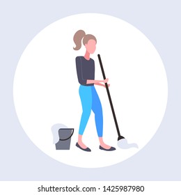 housewife mopping floor woman cleaner using mop cleaning service housework concept full length flat