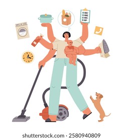 Housewife with multiple pairs of hands. Household chores, cartoon woman does domestic tasks, simultaneous execution, vector illustration