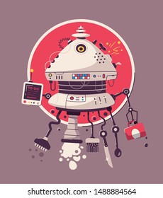 Housewife multipurpose assistant flat vector illustration. Cartoon robotic helper for housework duties. AI machine with to-do list, cooking, cleaning, washing options. Futuristic household appliance