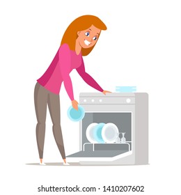 Housewife near dishwasher flat vector illustration. Young woman, wife standing near dishwashing machine isolated character. Cartoon girl washing plates in domestic appliance, housekeeping equipment