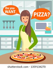Housewife Offering Dinner Vector Illustration. Do you Want Pizza Lettering in Orange Speech Bubbles. Teenager Wearing Apron in Home Kitchen. Young Lady Cartoon Character Cooking Meal
