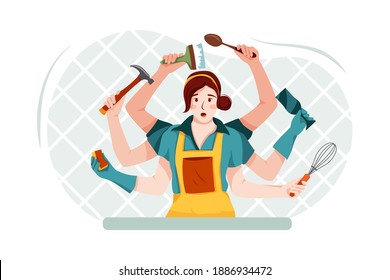 The housewife panicked, not knowing what to do first Vector Illustration concept. Flat illustration isolated on white background.