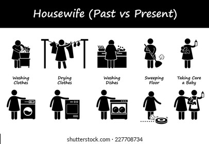 Housewife Past versus Present Lifestyle Stick Figure Pictogram Icons