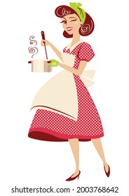 Housewife pin up in red retro dress holding pot and cooking soup in her kitchen room. Vintage style vector illustration isolated on white for design