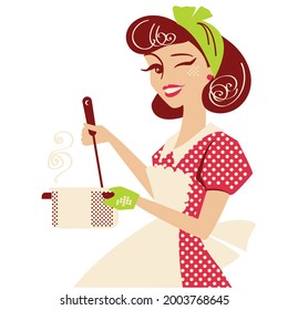 Housewife pin up in red retro dress cooking soup in her kitchen room. Vintage style vector illustration isolated on white for design