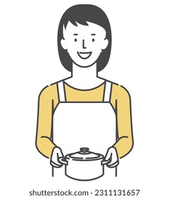 A housewife with a pot in both hands