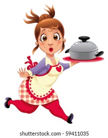 Housewife With Pot. Funny Cartoon And Vector Character.