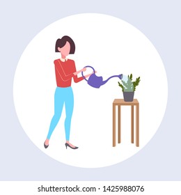 housewife pouring water in domestic potted plant woman holding watering can doing housework concept female cartoon character full length flat