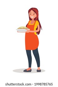 Housewife prepares food in the kitchen. Vector illustration in flat style.