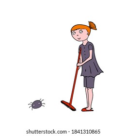 Housewife with the red vacuum cleaner and cute spider. Vector illustration.