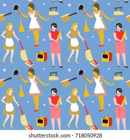 Housewife Retro Woman Seamless Pattern. Housekeeper Vintage Style Background. Faceless Girl. Vector illustration