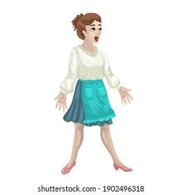 Housewife scare Fear and bad emotions. Woman in apron and skirt, home clothes. Vector illustration, isolated character on a white background.