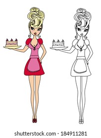 Housewife serving cake with cream - funny doodle illustration