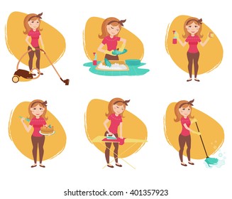 Housewife set. Cleaning lady. Vector isolated illustration. Cartoon characters.