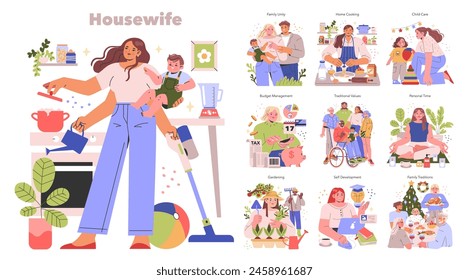 Juego de ama de casa. Actividades diarias y roles familiares de una ama de casa. Cocina, limpieza, cuidado de niños, presupuesto y ocio. Ilustración vectorial.