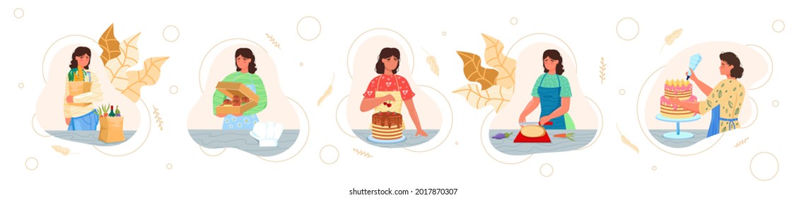 Housewife shopping for groceries, cooking and decorating homemade cake, cupcakes, flat vector isolated illustration.