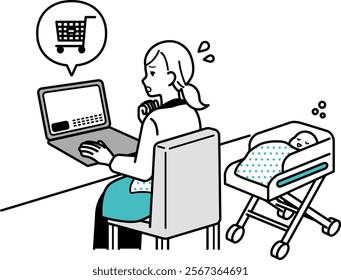 Housewife shopping online on computer.