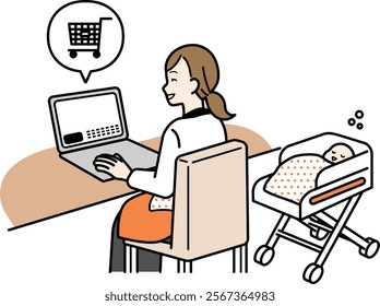 Housewife shopping online on computer.