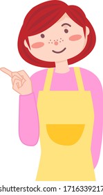 Housewife smiling and pointing finger up.