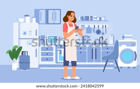 Housewife standing in the kitchen using smartphone cellphone vector illustration flat