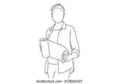 housewife standing while hold a paper towel hand drawn style vector illustration