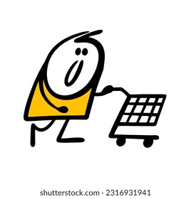 Housewife stickman rolls an empty cart from the supermarket. Vector illustration of a woman in a store going shopping. Cartoon image isolated on white background.