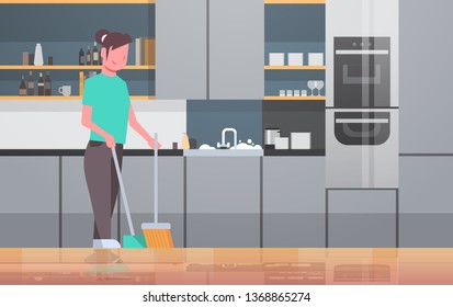 housewife sweeping floor with broom and scoop young girl doing housework housecleaning concept modern kitchen interior female cartoon character full length flat horizontal