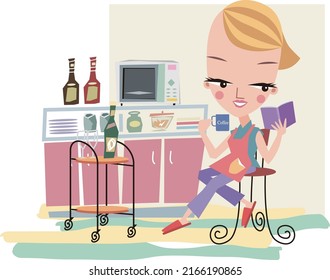 A housewife takes a break from housework in her living room at home, a book in one hand and a cup of coffee in the other.vector illustration