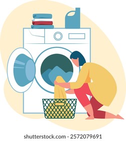 Housewife is taking clean clothes out of washing machine, putting laundry into basket, using liquid detergent, doing housework and household chores