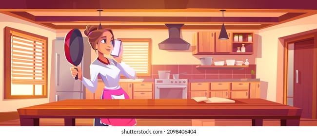 Housewife talking on mobile phone and hold pan. Vector cartoon illustration of kitchen interior with wooden furniture, fridge, stove and woman in apron with smartphone