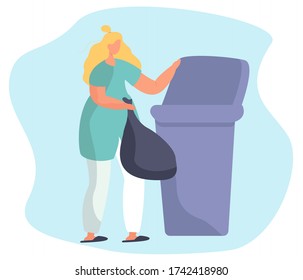 Housewife Throwing Trash Waste Into Containers and Recycling Plastic,Paper or other Rubbish Garbage.People Clean,Protect Ecology.Sorting Waste into Different Tanks.Throw Garbage.Vector Illustration