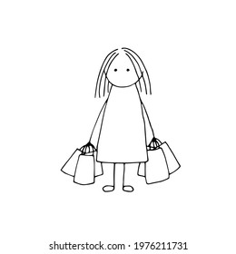Housewife. Tired of homework. Purchase of groceries. Doodle. Vector. Hand-drawn illustration. Silhouette. Black and white outline.