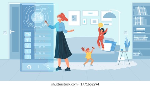 Housewife using smart glasses for house monitoring. Eyewear virtual reality for adjust apartment climate. Innovation technology, iot. Wireless communication. Home intelligent system automation