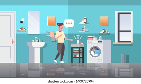 housewife using smart speaker voice recognition activated digital assistants automated command report concept modern bathroom interior flat horizontal full length