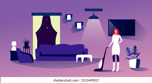 housewife using vacuum cleaner woman doing housework floor care household concept modern living room interior horizontal full length sketch