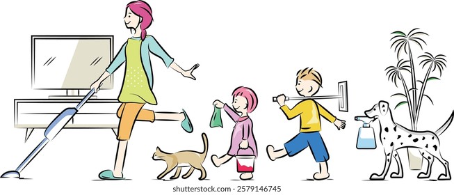 Housewife vacuuming with boy and girl helping out, cat and dog | Family series