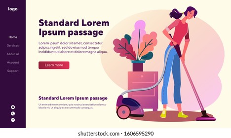 Housewife vacuuming carpet. Woman cleaning rug with vacuum cleaner flat vector illustration. Domestic chores, household concept for banner, website design or landing web page