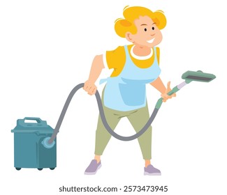 Housewife vacuuming home vacuum cleaner. Funny people. Illustration concept template for website, web landing page, banner, presentation, social, poster, promotion or print media.