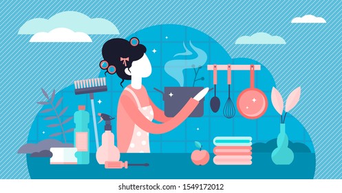 Housewife vector illustration. Flat tiny women occupation persons concept. Stereotypical female house work with cooking, laundry and cleaning. Home kitchen clothes. Everyday daily mother family care.