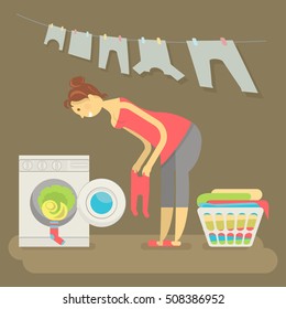 Housewife washes clothes in a washing machine. Concept in flat style vector illustration.