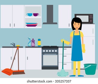 Housewife washes kitchen. Woman and cleaning tools. Vector illustration