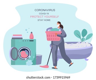 Housewife Washing Clothes in Washing Machine.Home Household and Wash Clothes.Domestic Work.Putting Clothes in Washing Machine.Every Day Housework Routine during Quarantine.Flat Vector Illustration