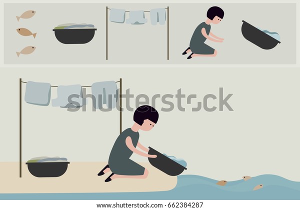 Housewife Washing Clothes Outdoor Character Illustrator Stock Vector Royalty Free