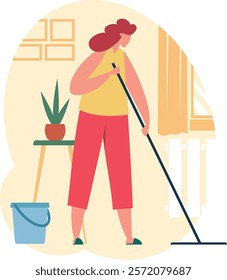 Housewife is washing floor with mop and bucket, cleaning company worker is using cleaning equipment to clean house, woman is doing housework, house cleaning service