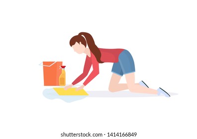 housewife washing floor on knees woman cleaner using cloth and bucket girl doing housework cleaning service concept full length flat white background