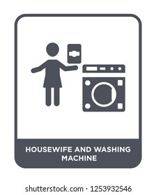 housewife and washing machine icon vector on white background, housewife and washing machine trendy filled icons from Humans collection, housewife and washing machine simple element illustration