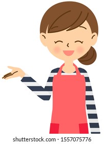 Housewife who guides with one hand