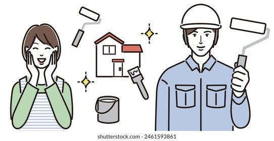 A housewife who is happy with a male painting worker