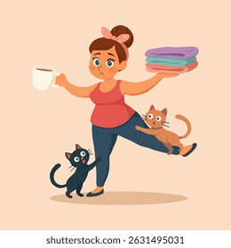 Housewife, woman, cat owner, pet, coffee, clothes